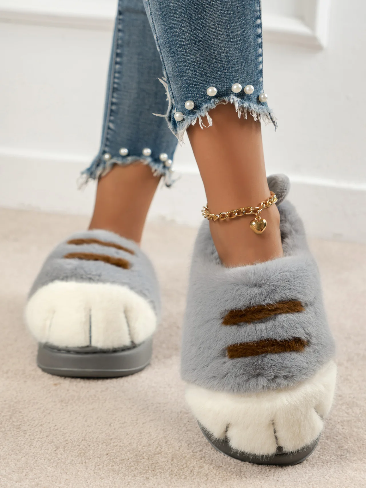 Neue Flauschige Katzenpfoten-Hausschuhe für Damen, Warme Winter-Pantoffeln, Lustige Flauschige Tierpfoten-Innenschuhe – Detail 13