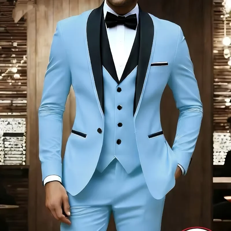 Elegant 3 Piece Color Block Men's Tuxedo Slim Fit Wedding Groom Suit with Shawl Lapel Jacket Vest Pants for Dinner Party Prom