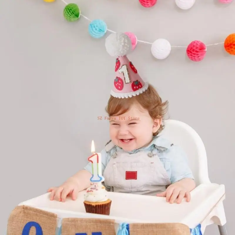 

96GC Baby Birthday Hat Soft Shower Party Pom Caps Adjustable Chin Belt with Number 1 Unique Shower Photography Props