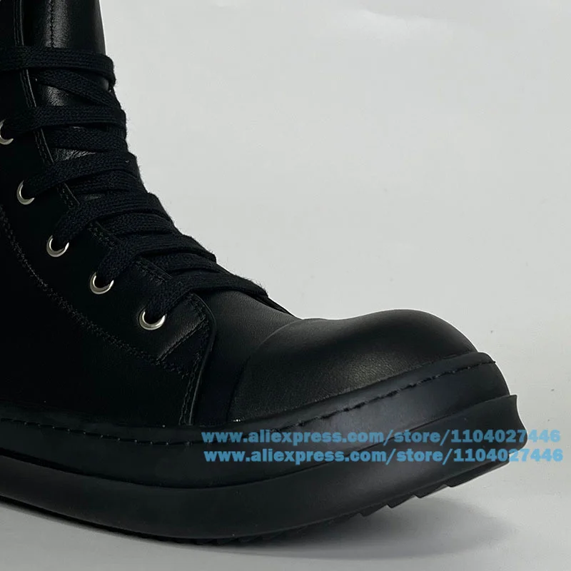 Black High Top Shoes for Men Black Thick Soled Leather Sports Boots Trendy Handmade Cowhide Shoes Couple Style Men's Board Shoes