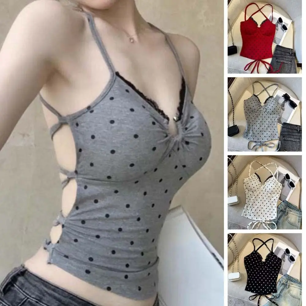 

Sweet Dots Strap Skinny Vest Tops Sleeveless Tank Bra with Pads Camisole Beauty Back Streetwear Y2K Slim Crop Top Party