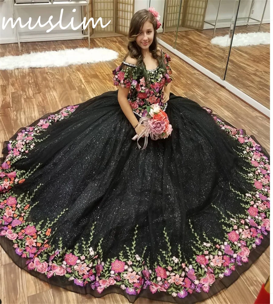 Charro Black Mexican Quinceanera Dress Off Shoulders Ball Gown Costume Halloween Vestidos De 15 Años Birthday Party Customized