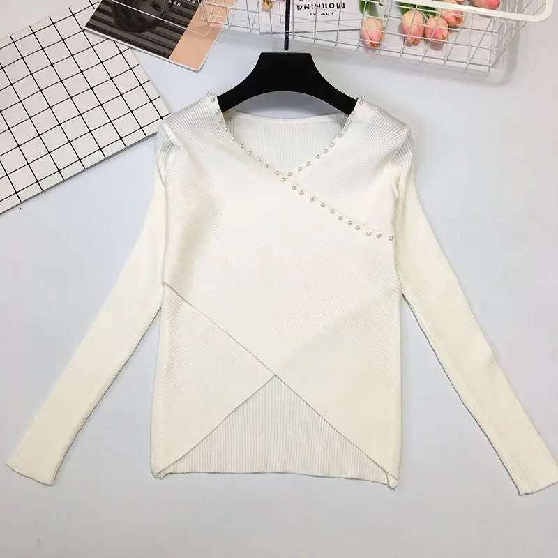 New Nail Bead V-neck Irregular Cross Exposed Navel Knitted Sweater for Women Short Style Pullover Top Base Sweater