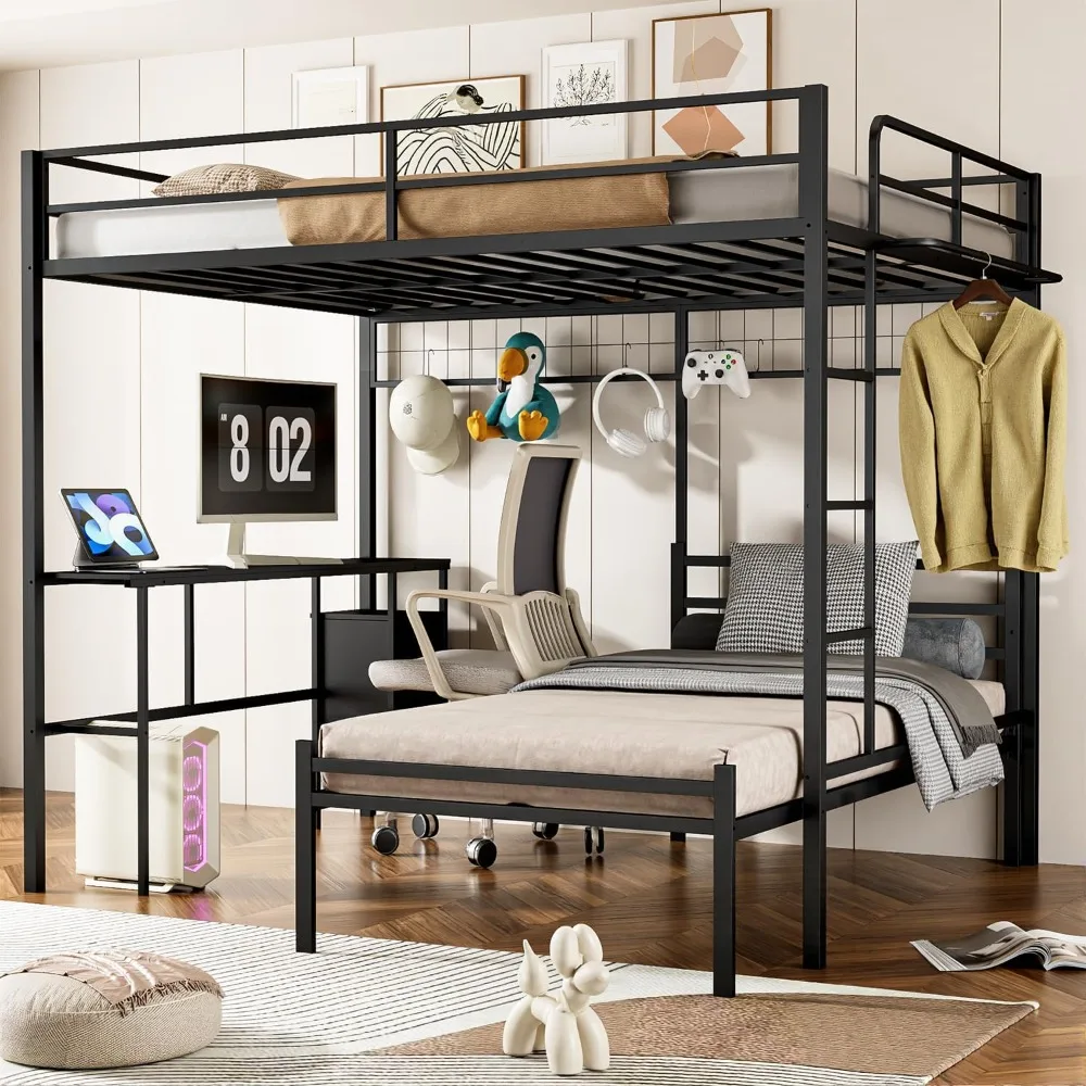 سرير بطابقين مزدوج على شكل حرف L مع مكتب وتخزين - سرير علوي قابل للفصل مع أدراج ورفوف، يخلق مكتبًا منزليًا واسعًا