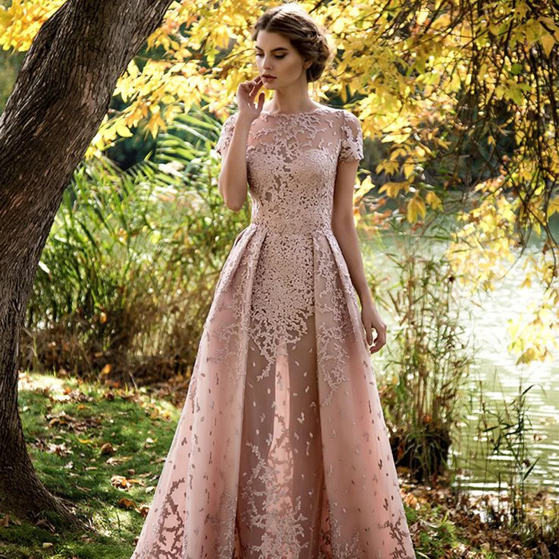 Pink Fashion Dress For Women Floor Length O-Neck Lace Appliques Short Sleeve Girls Birthday Vestido Formatura Gowns Luxury