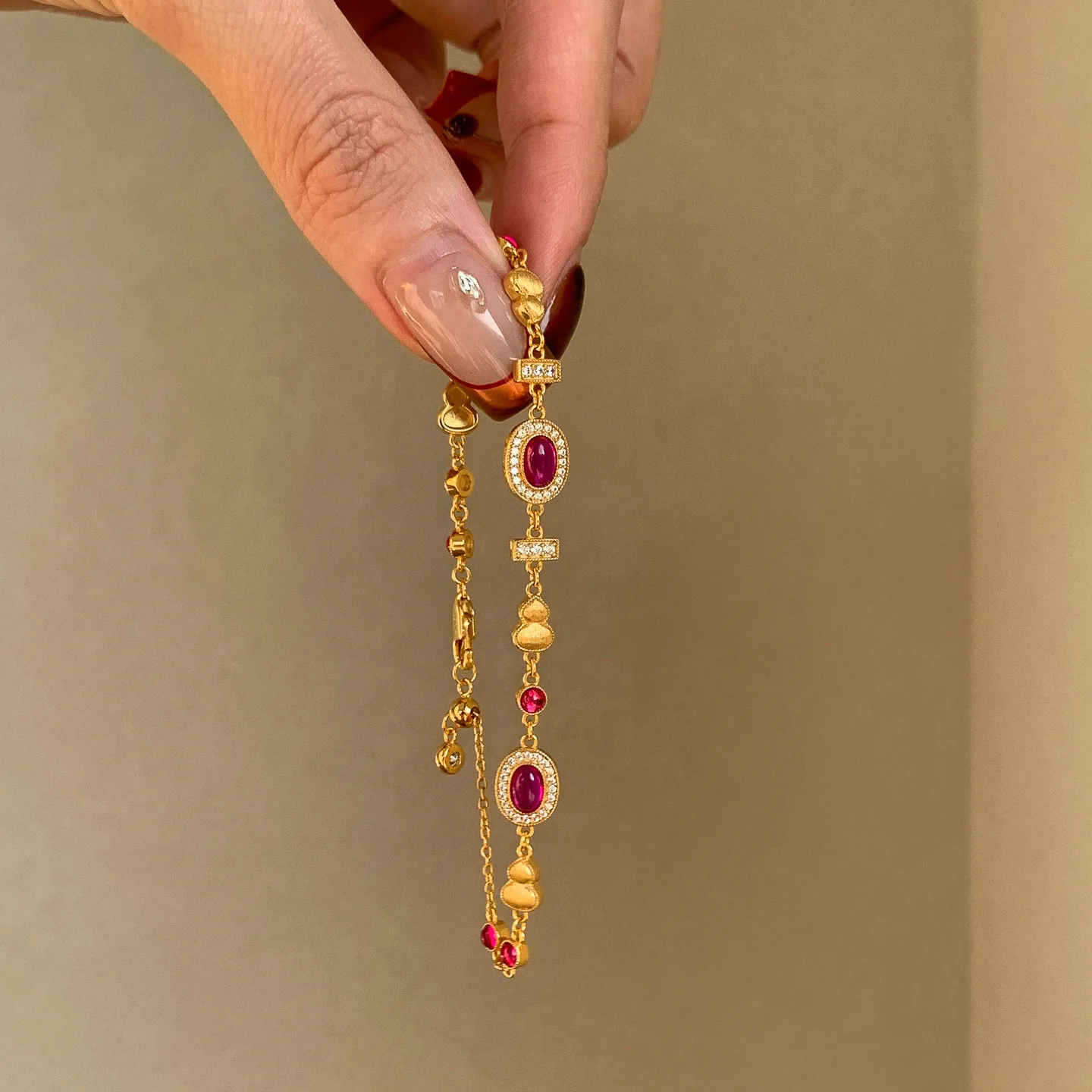luxury real gold jewelry 24k certifid pigeon blood red oval red stone brushed gourd bracelet au9999 pure gold jewelry