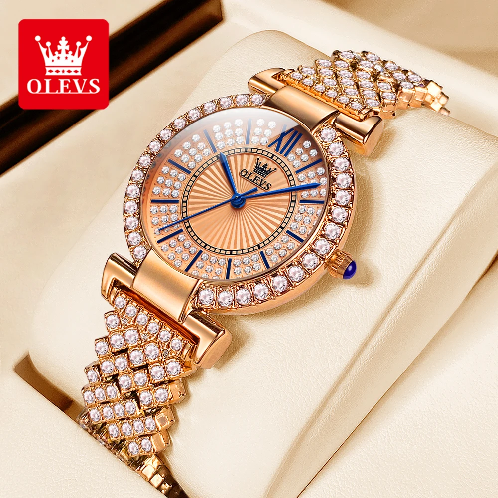 OLEVS Original Full Diamond Luxury Quartz Watch for Women Elegant Rose Gold Ladies Dress Wristwatch Stainless Steel Girl\'s Watch