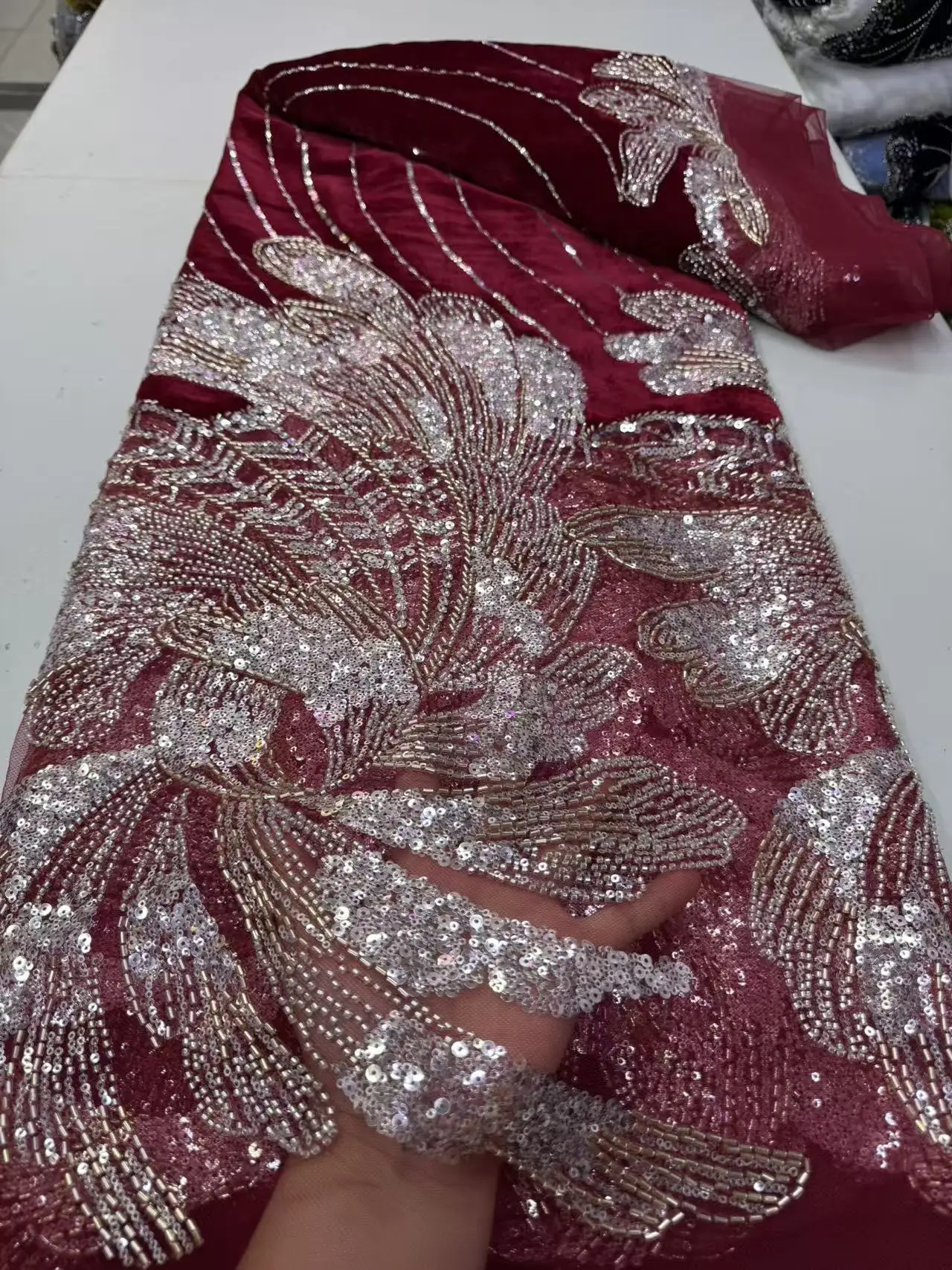 African Sty High Quality Velvet Embroidered Lace Fabric with Beads 2026 French Mesh Net Tulle Sequins for Wedding Dresses M652-1
