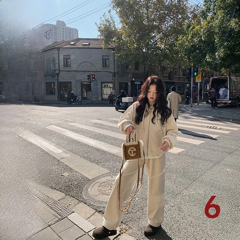

Ibell Zhang Thiened Velvet Set with Dstring Hooded Top And Wide Leg Pants High Densi Women's Faion Autumn Outfit