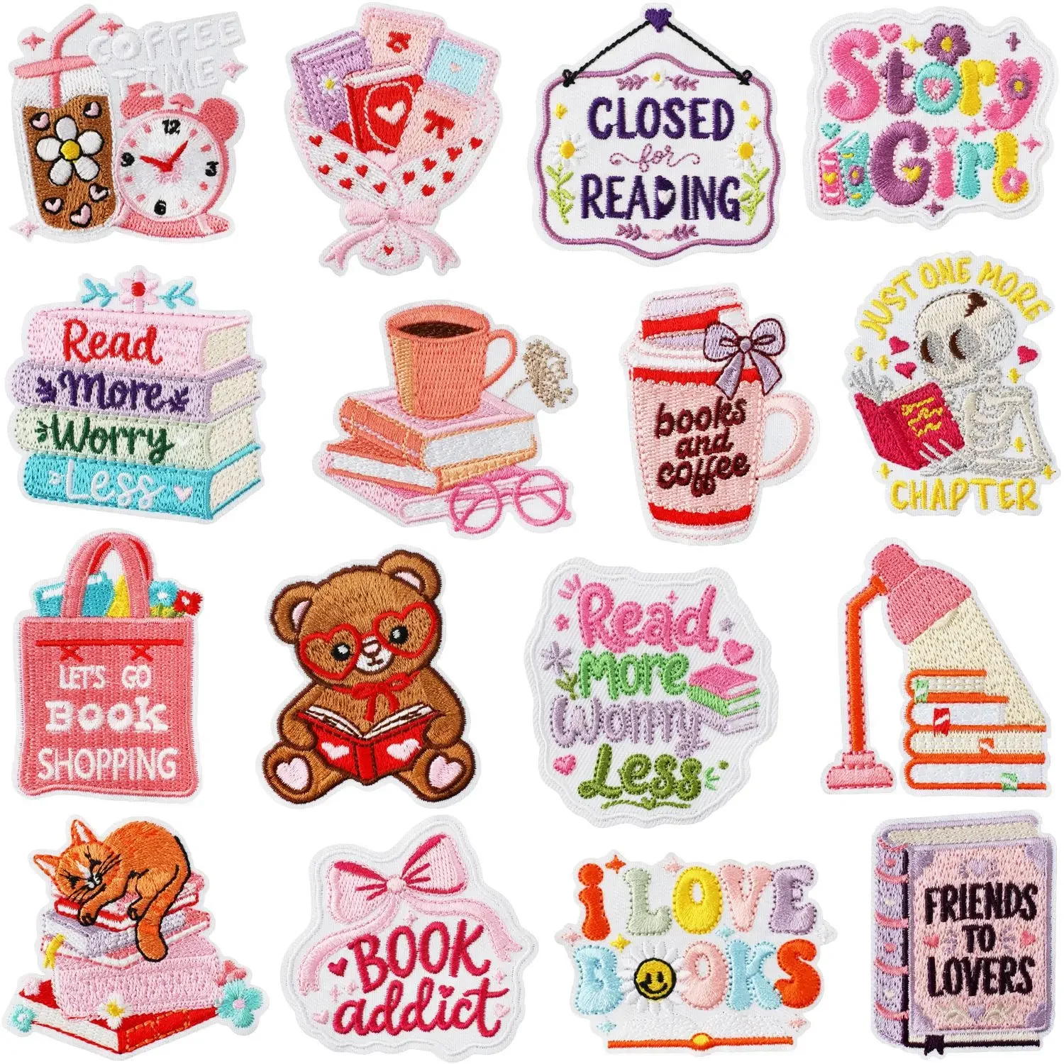 1Pcs Cute Bookworm Reading Embroidered Applique, Iron on Bear Cat Coffee Book Patch for DIY Jackets Bags Craft Decor