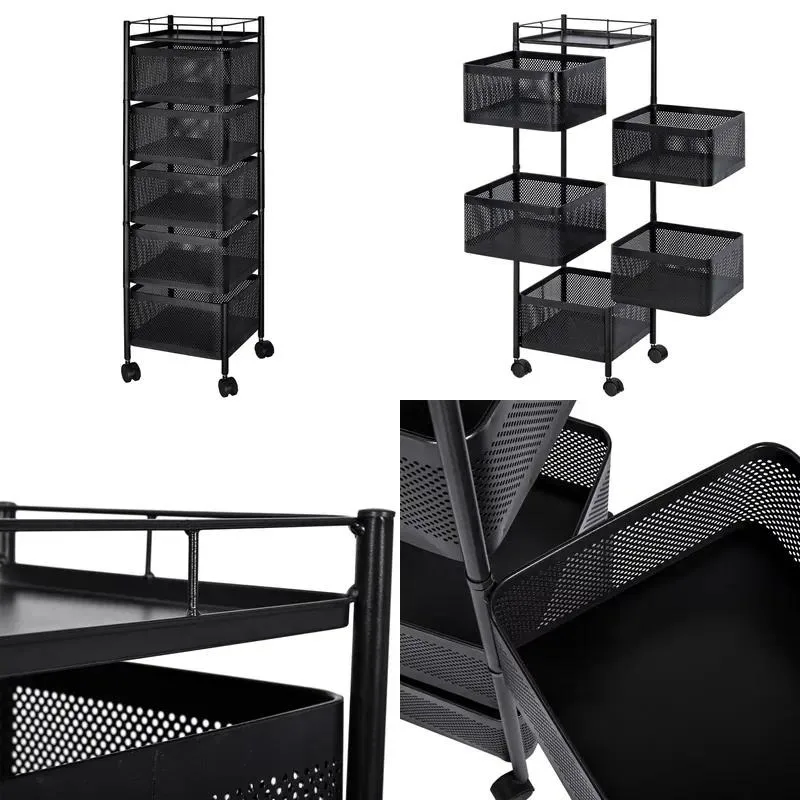 5 Tier Kitchen Rotating Trolley Storage Cart with Wheels Fruit Vegetable Basket Box Living Room Top Cover