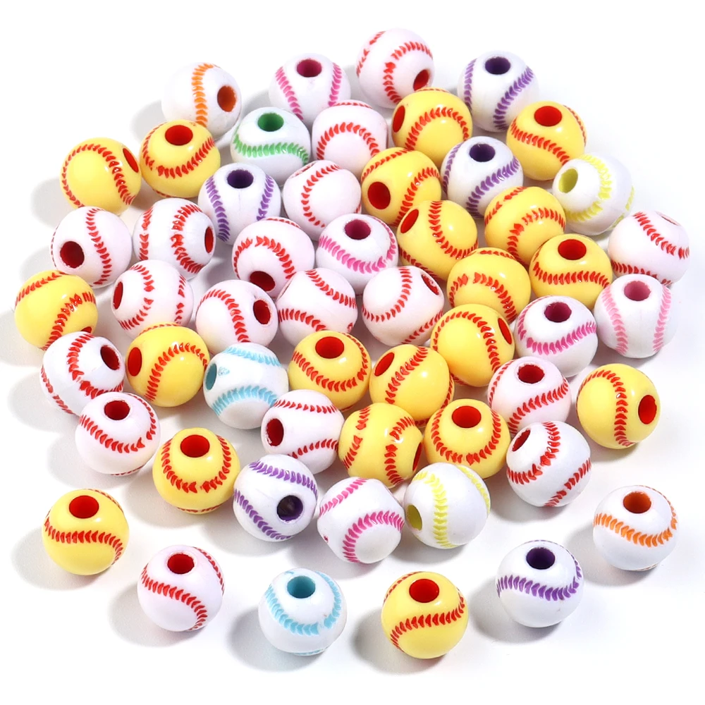 

50Pcs/Lot Sport Baseball Large Hole Beads Acrylic Round Loose Beads For Making Bracelet Necklace DIY Craft Jewelry Supplies