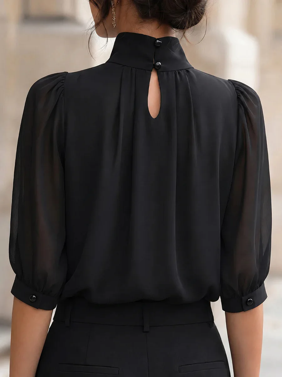 High Neck Gathered Front Puff Half Sleeve Chiffon Blouse Elegant Office Commuter Loose Fit Women Dressy Shirt