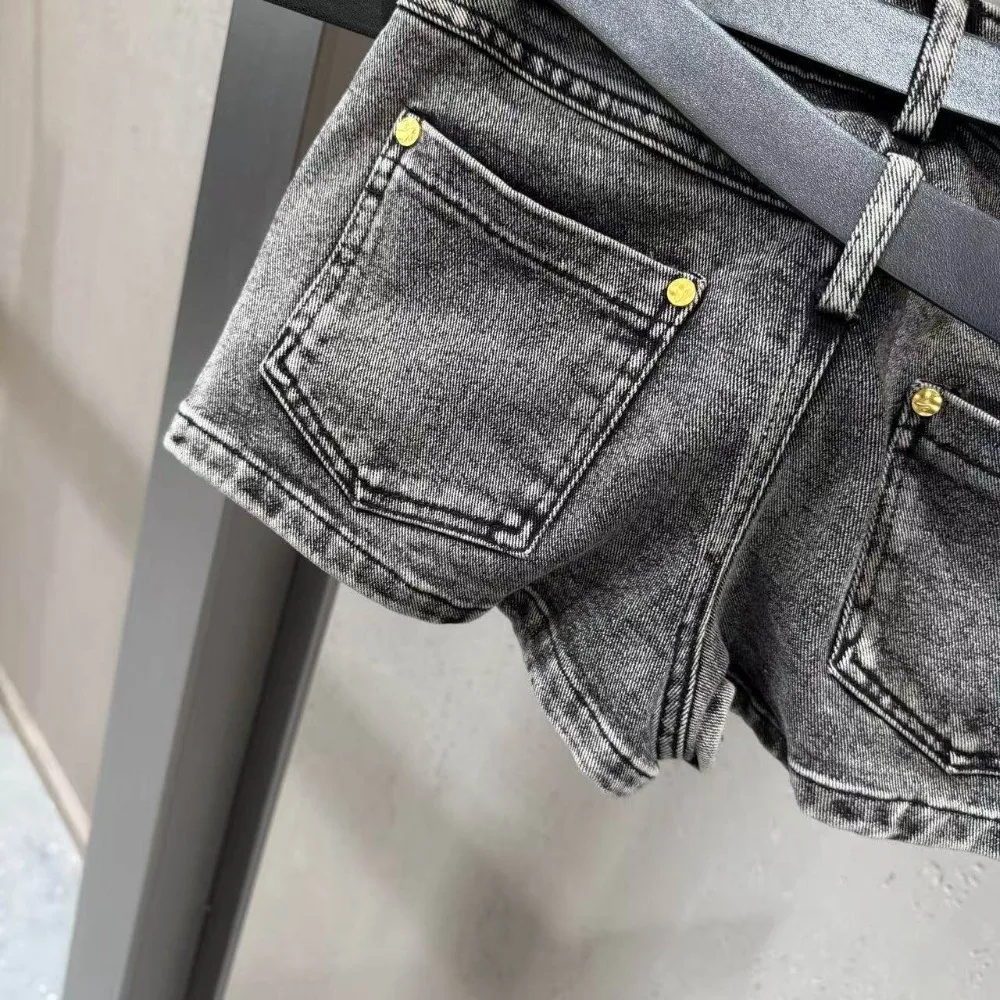 High Street 2pc Set Women's Spring New Style Lapel Shaped Sleeve Buckle Slim Fit Elastic Denim Short Jacket Two-piece Outfits
