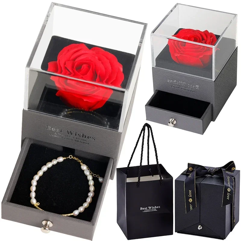 Eternal Rose Flower Gift Box Acrylic Ring Necklace Storage Boxes For Girlfriend Mother Xmas Gift Packaging Display Jewelry Case