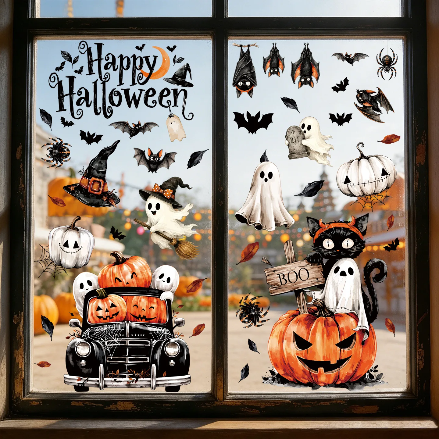 Halloween Pumpkin Static Stickers for Glass Window Decals Cartoon Black Cat Jack-o-lantern Bat Ghost Decor Party Decoration