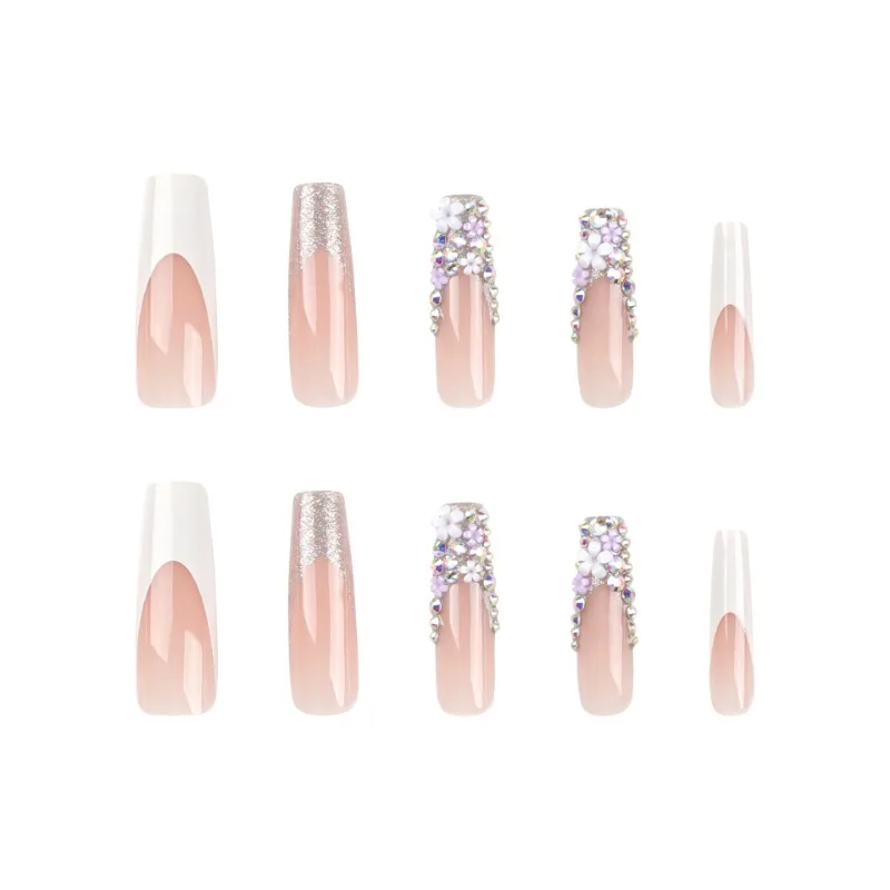 24 pçs unhas falsas brancas francesas com cola flor diamantes coloridos unhas falsas com cola extra longa meninas imprensa de luxo em unhas