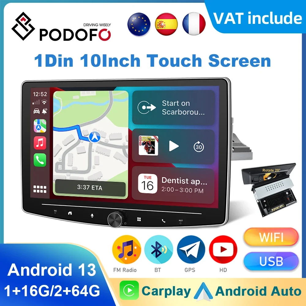 Podofo 1Din 10inch Car Stereo Radio Rotate Android Car Multimidia Video Player Carplay Bluetooth WIFI GPS FM Receiver Autoradio