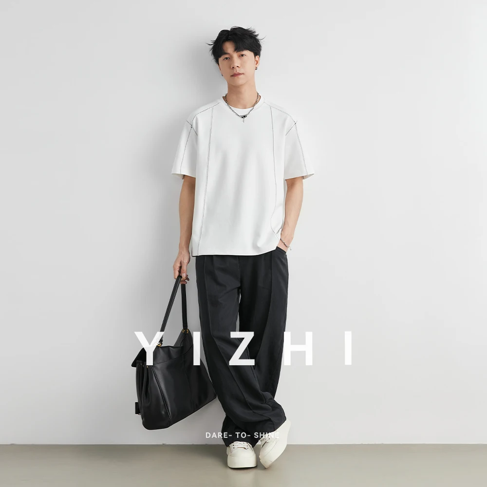 Men's Heavyweight 240g Stitch Trim Split Short Sleeve T-shirt 2026 Summer Crew Neck Loose Drop Shoulder Casual Versatile Top