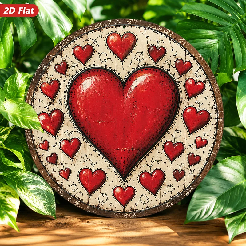 2D flat, 1 piece rustic style heart-shaped art round metal hanging sign wall decor, suitable for bedroom corners