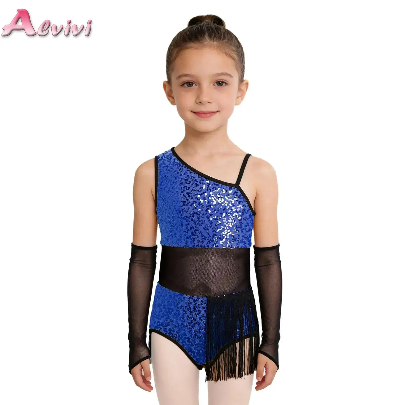 Big Girls Figure Skating Ballet Dance Competition Dress Shiny Sleeveless Tassels Hem Leotard Kids Lyrical Modern Latin Dancewear