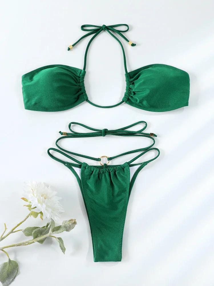 Halter Bikini 2024 Swimwear Women 2-Piece Swimsuit Micro Thong Sexy Biquini Green Bathing Suit Brazilian Halter Beachwear Summer