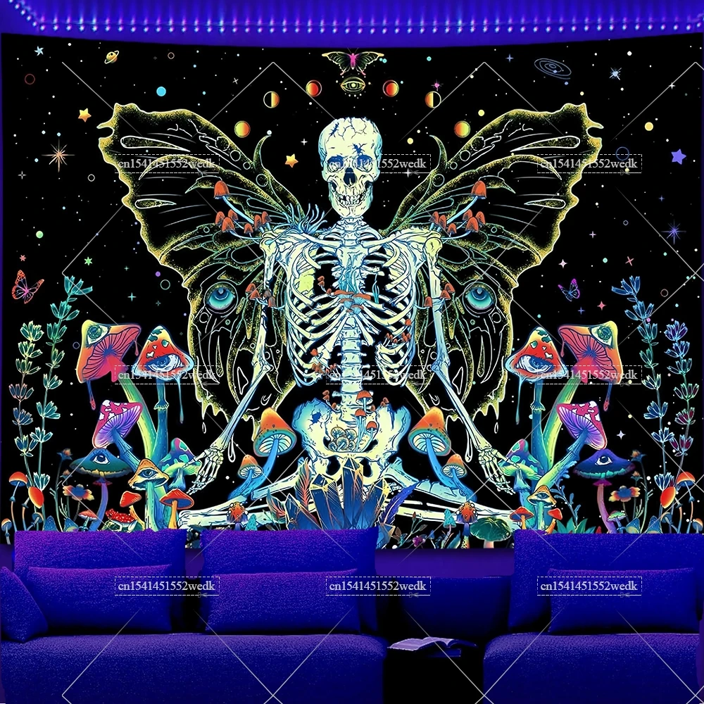 Moth Butterfly Blacklight Tapestry Eye Skeleton Neon Tapestry UV Reactive Glow In The Dark Mushroom Poster Aesthetic Room Decor