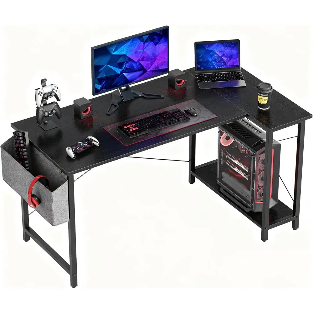 

55-дюймовый L-образный компьютерный стол с двусторонними полками для хранения, черный игровой учебный стол для домашнего офиса