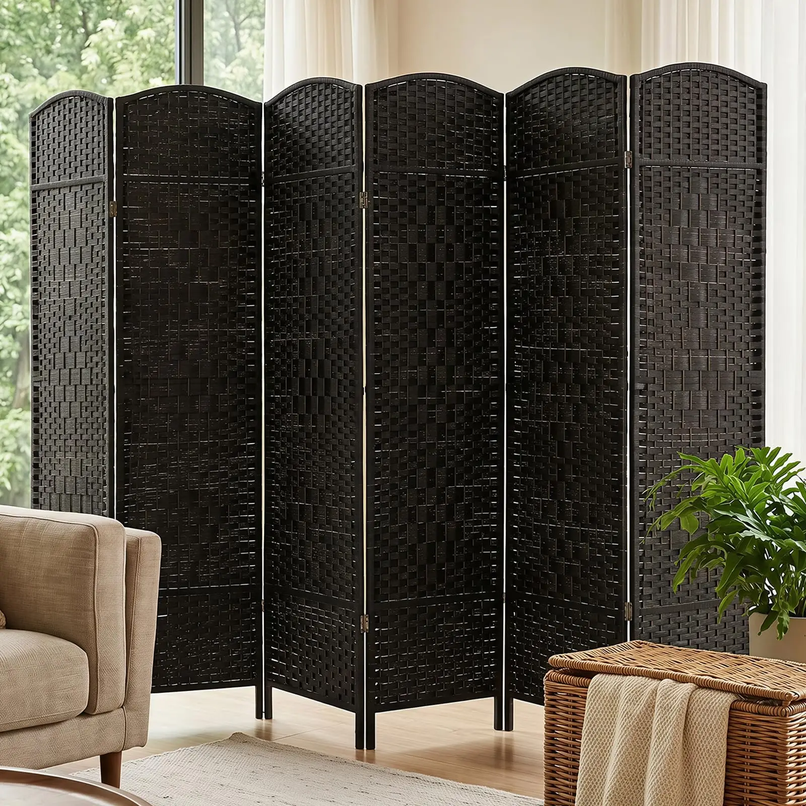6 Panel Folding Room Divider, 6 FT Tall Woven Privacy Screen, Black | Freestanding Temporary Wall Partition, Solid Wood