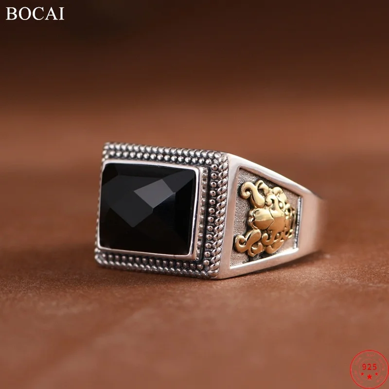 

Кольца BOCAI S925 из стерлингового серебра для мужчин и женщин в стиле ретро, золотой узор Taotie, инкрустация черным агатом, модные ювелирные изделия в стиле панк, оптовая продажа