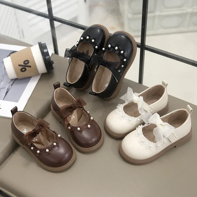 

Kids Princess Shoes Black Matte Girls Leather Shoes Lace Bows Sweet Round Toes 2025 New Children Flat Shoes Non-slip Soft Ins