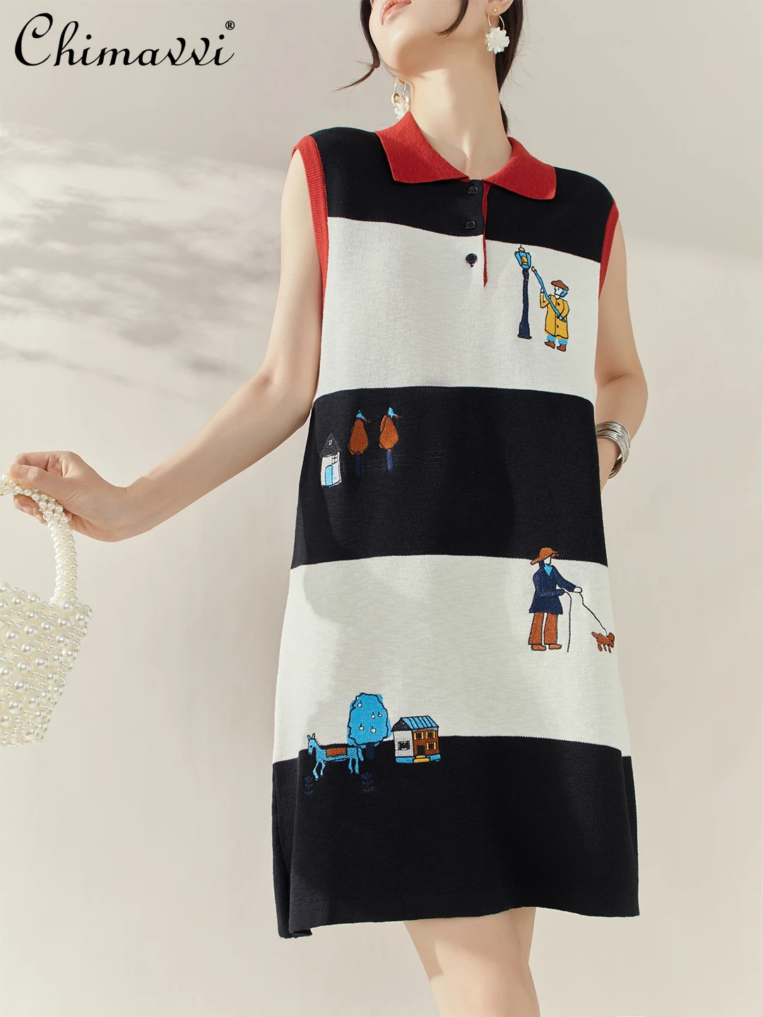 الفرنسية الأنيقة أزياء الرجعية الربط التلبيب المطرزة محبوك فساتين فضفاضة مستقيم أكمام تانك فستان قصير المرأة الصيف