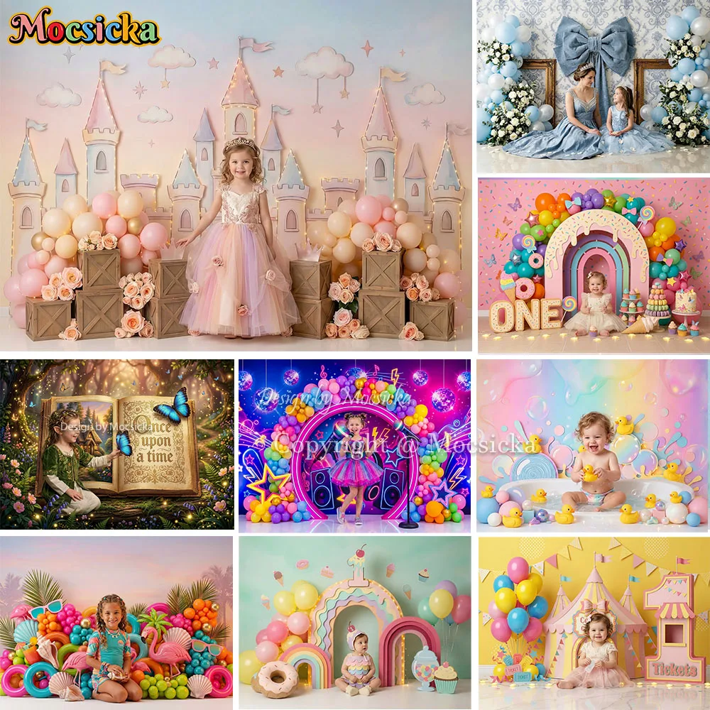 Mocsicka Princess Girl Baby Shower Backdrop Photography Castle Candy Carnival Mermaid Background Kids Birthday Cake Smash Photo