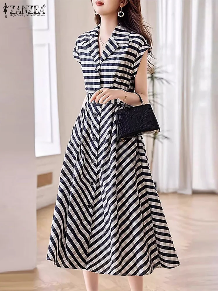 ZANZEA Frauen Koreanische Arbeit A-line Midi Kleid Mode Büro Streifen Hemd Kleid 2024 Sommer Elegante Revers Sammeln Taille Vestidos