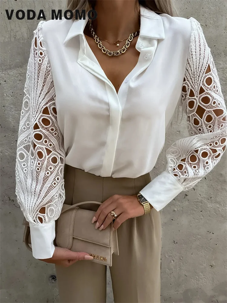 

Commuting Wind Top Fashion Casual Blusas Women Hollow Out Summer Lace Long Sleeve Mesh Design Blouses Lapel Solid Shirts Elegant