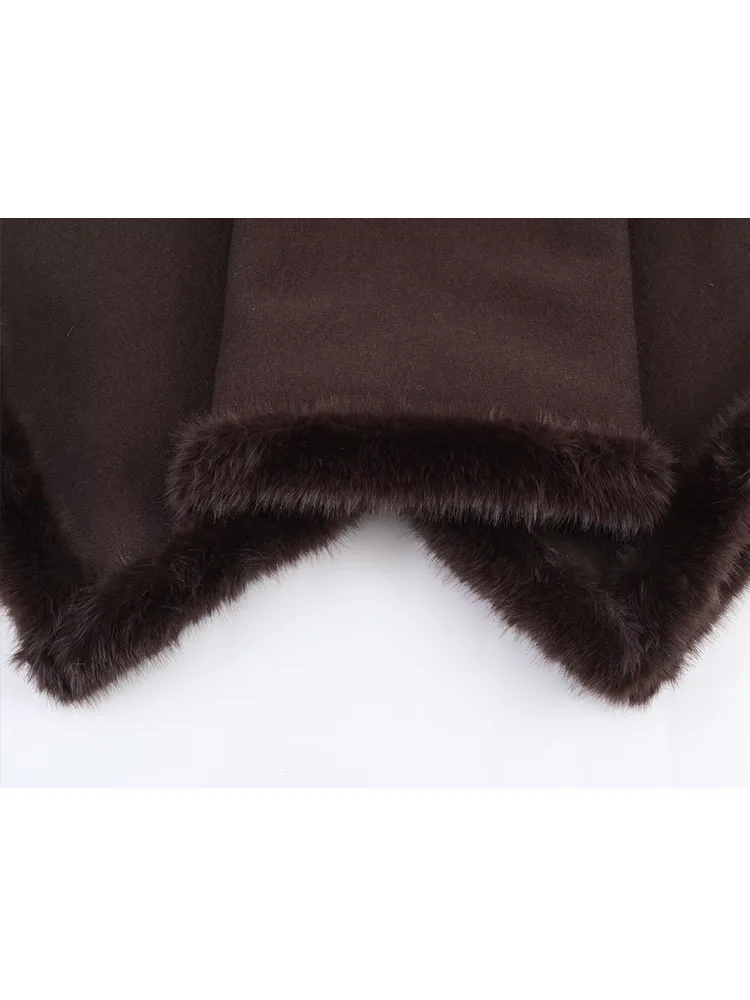 

HH весенний новый модный шикарный женский свитер, пальто с высоким воротником, накидка с отделкой из искусственного меха, женские повседневные свободные коричневые вязаные топы