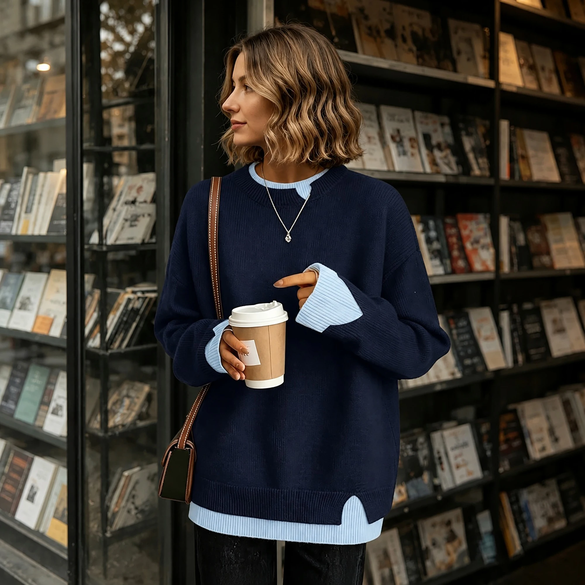 Oversized Women Fake 2‑in‑1 Knit Sweater Contrast Color Patchwork Long Sleeve Crew Neck Pullover Casual Loose Jumper Daily Wear