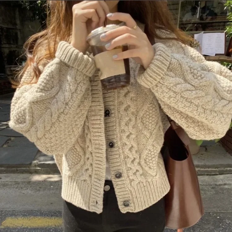 2024 Vintage Solid Thicken Kintted Cardigans Women Casual Twisted Autumn New Sweet Slim Long Sleeved Short Sweaters Purple Beige