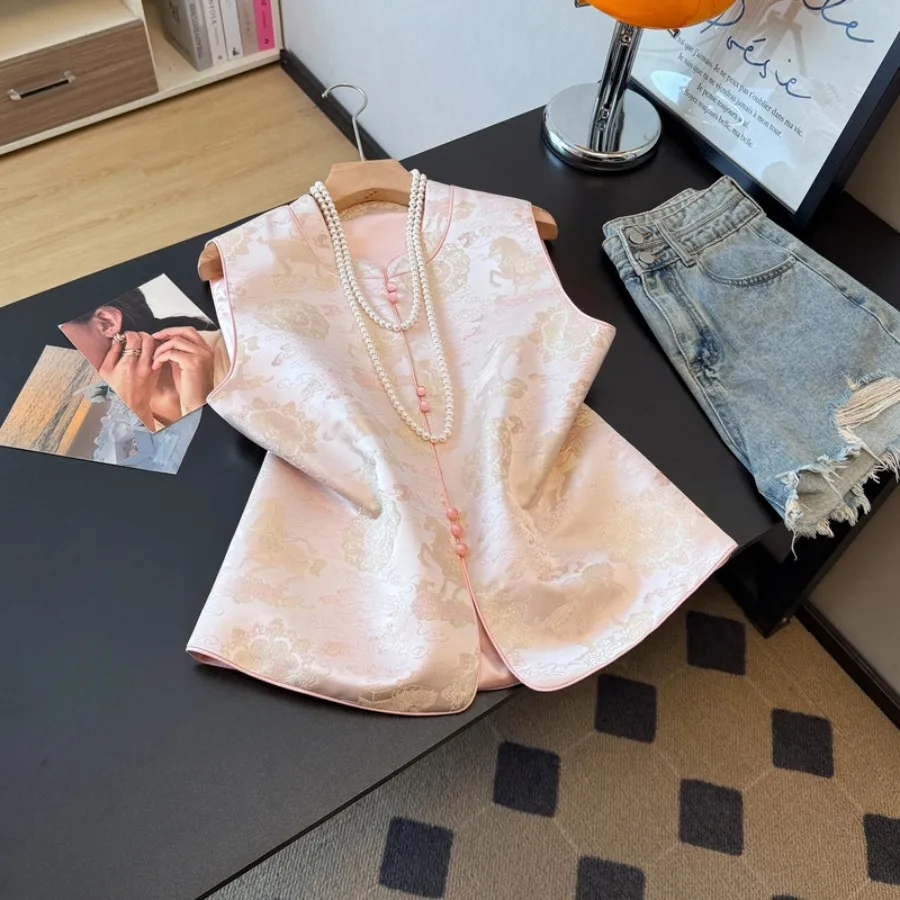 Handmade Chinese Style Reformed National Trend Satin Surface Embroidery Button Small Stand Collar High End Vest Top Coat