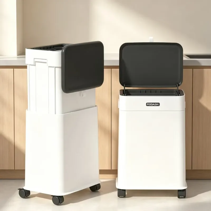 Kitchen Trash Can with Wheels Movable High Foot Large Capacity Sliding Cover Lifting Food Waste Bin Household 2026 New