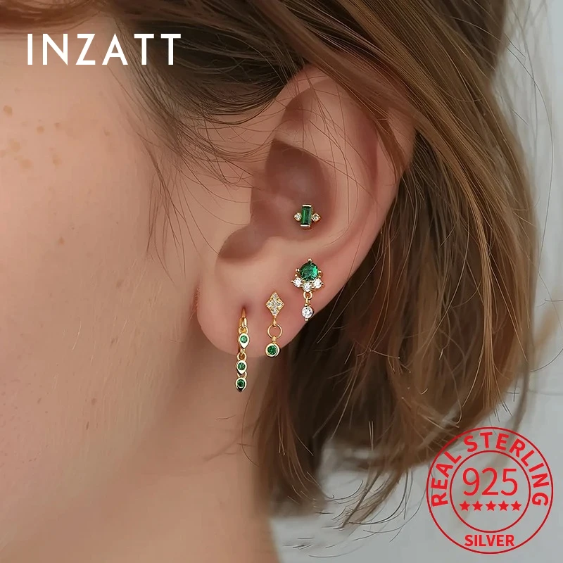 

INZATT Real 925 Sterling Silver Sparkling Emerald Zircon Mini Stud Earrings for Women Fine Jewelry Light Luxury Accessories