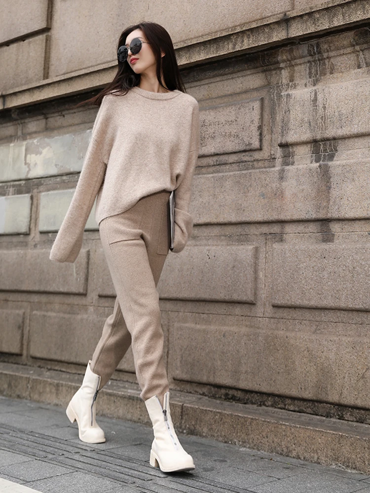 

Двухслойные брюки-кэшемир для женщин, осенне-зимние, с высокой талией, в стиле Харлан, для повседневной носки