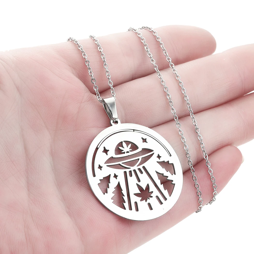 CHENGXUN Lsd Psychedelic Ufo Alien Pendant Necklace for Women Girls Stainless Steel Laser Cut Spacecraft Charm Neck Chain