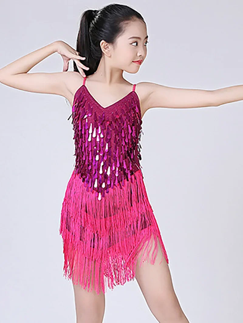 Vestido de baile latino para niñas, traje de baile con borlas, lentejuelas, competición, salón de baile, Rumba, Samba