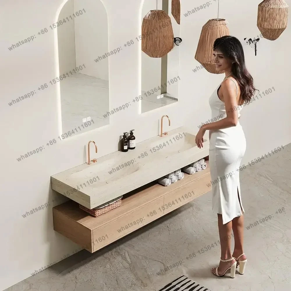 Lauren Black Gold Marble Luxury Stone Thermoforming Double Basin Sink: Integrated Vanity Countertop & Vessel Washbasin