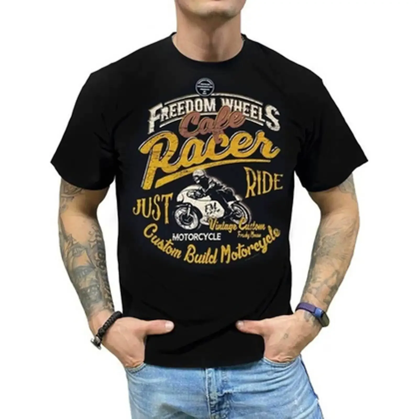 Футболка Franky Mouse Freedom wheels Café Racer S черный vintage Washed Comfortable Breathable graphic designer clothes