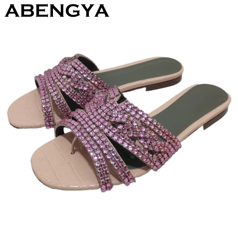 Shining Rhinestone Flat Slippers Women Square Open Toe Flip Flops Crystal Mules Ladies Summer Casual Beach Slides Shoes Female