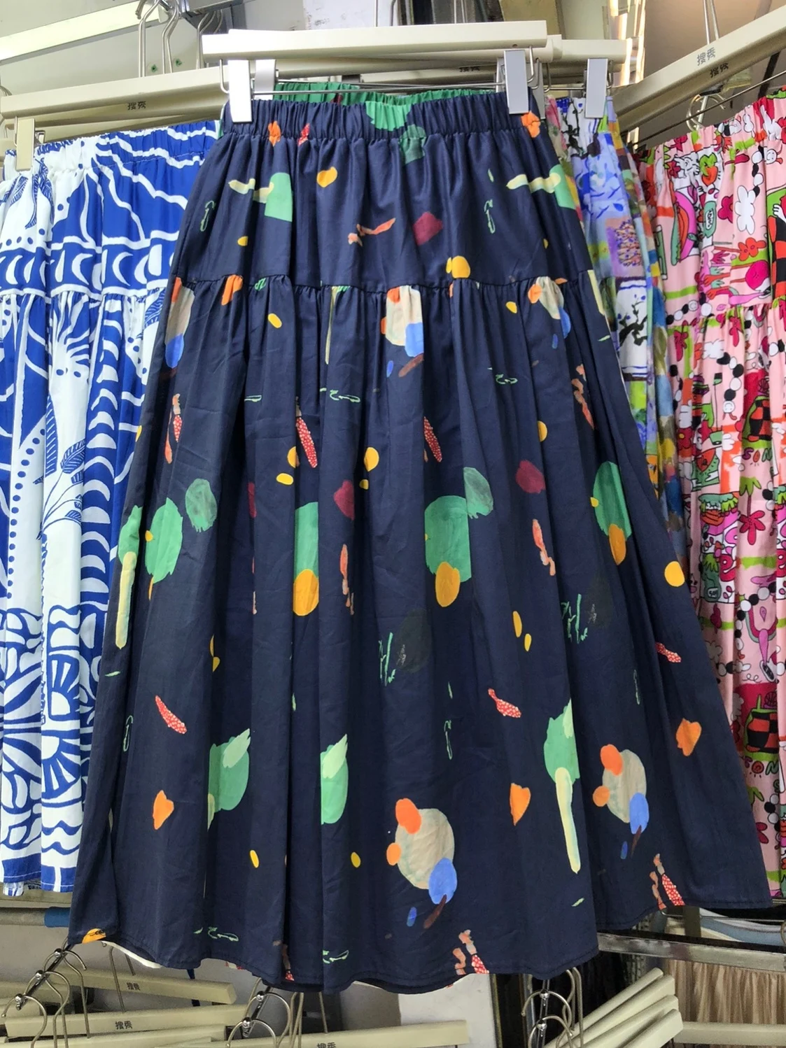 A-Line Midi Skirt Women's Summer Fashion Slimming Floral Print High Waist Polyester Fiber Gathered Cartoon Graffiti Design