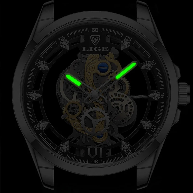 LIGE Fashion Top Luxury Men's Watches Skeleton Automatic quartz wristwatch Retro watches for men Gift Watch Brand Luxury reloj