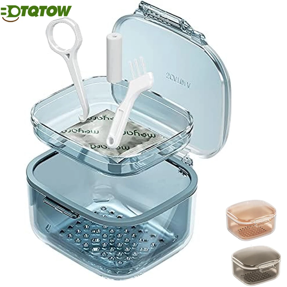 

1PCS Denture Bath Box – 3-Layer Leak-Proof Retainer Case with Drain Tray | Denture Soak Container for Mouth Guards,Night Guards